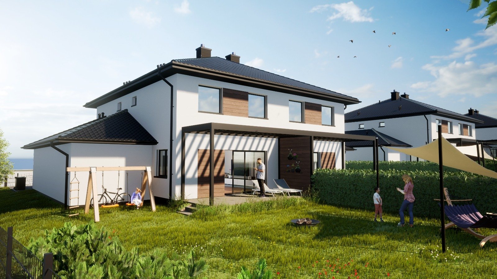 Ogród z pergolą, huśtawką i tarasem