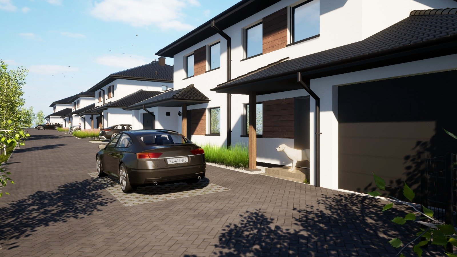 Front domu z garażem i podjazdem